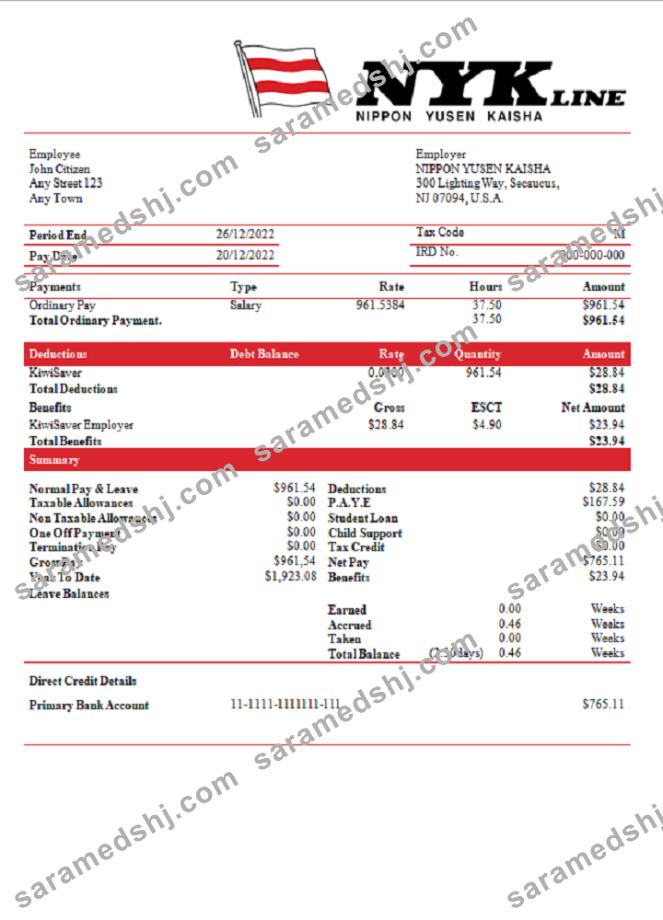 USA NIPPON YUSEN KAISHA shipping company pay stub